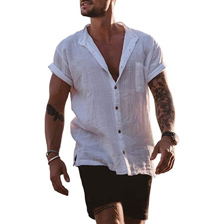 Summer Short Sleeve Shirts Loose-Fitting Button V-neck Tops Men'S Clothing