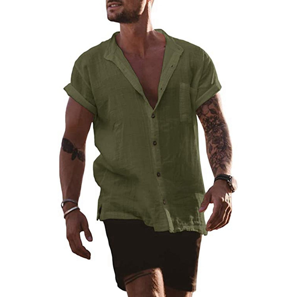 Summer Short Sleeve Shirts Loose-Fitting Button V-neck Tops Men'S Clothing