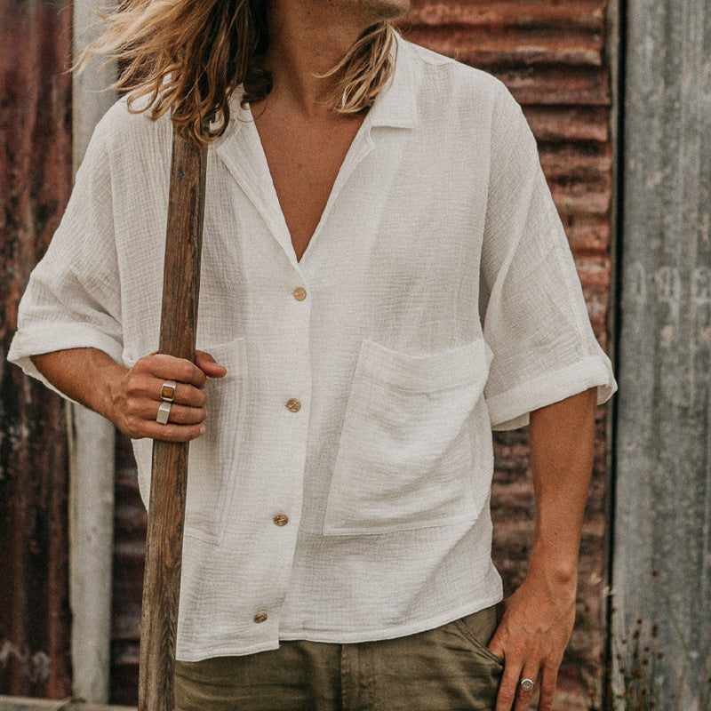 Loose-fit Solid-color Mid-sleeve Cotton-linen Shirt With A Turn-down Collar