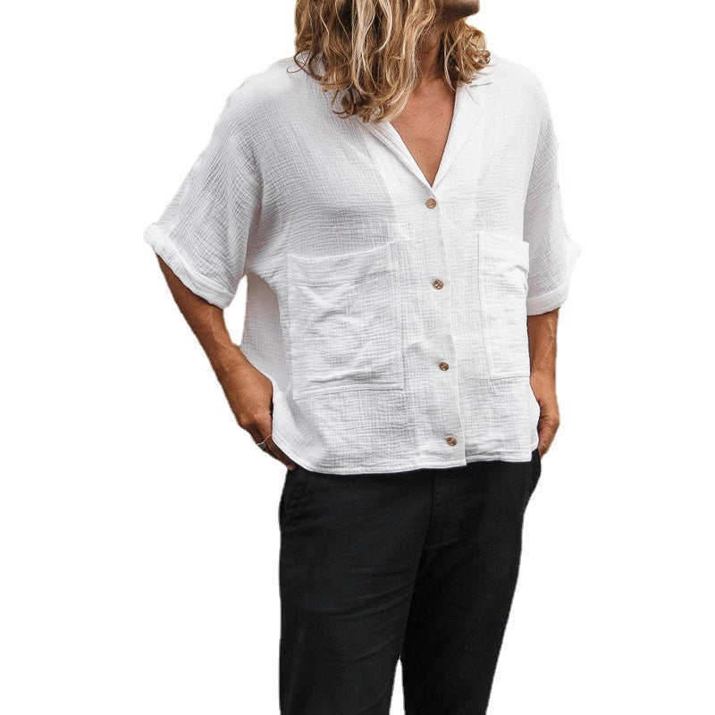 Loose-fit Solid-color Mid-sleeve Cotton-linen Shirt With A Turn-down Collar