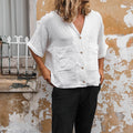 Loose-fit Solid-color Mid-sleeve Cotton-linen Shirt With A Turn-down Collar
