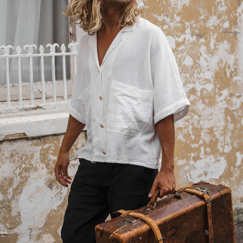 Loose-fit Solid-color Mid-sleeve Cotton-linen Shirt With A Turn-down Collar