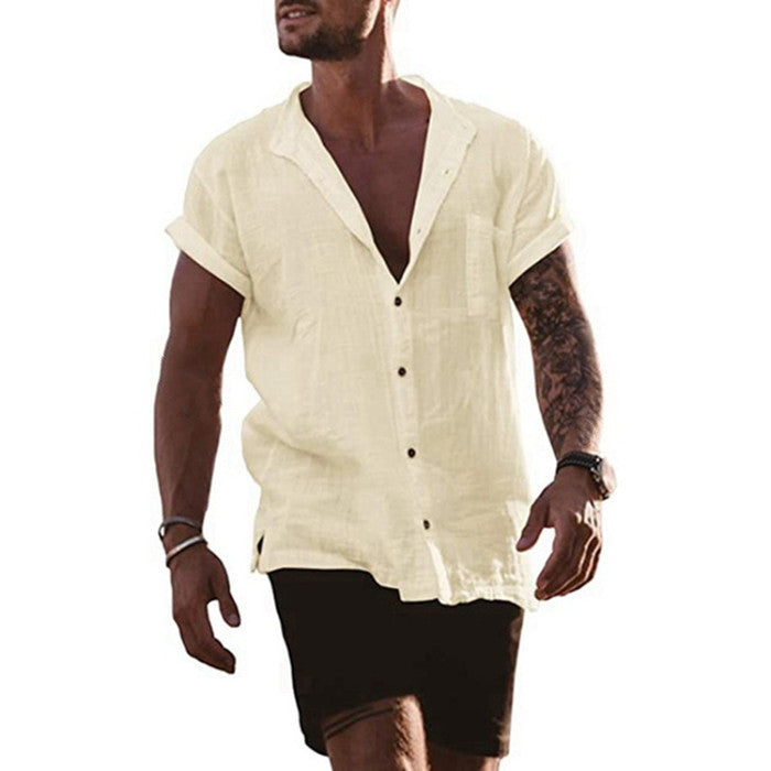 Summer Short Sleeve Shirts Loose-Fitting Button V-neck Tops Men'S Clothing