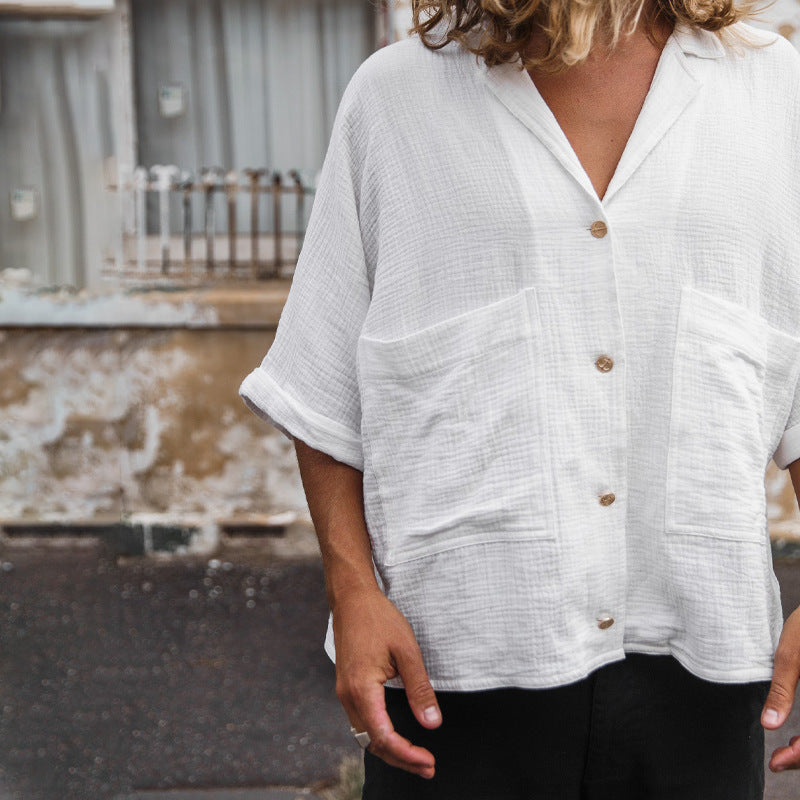 Loose-fit Solid-color Mid-sleeve Cotton-linen Shirt With A Turn-down Collar